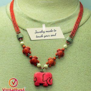 Beaded Multilayer Necklace With Dangling Elephant Shape Pendant